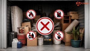 A cluttered storage unit with warning signs for prohibited items